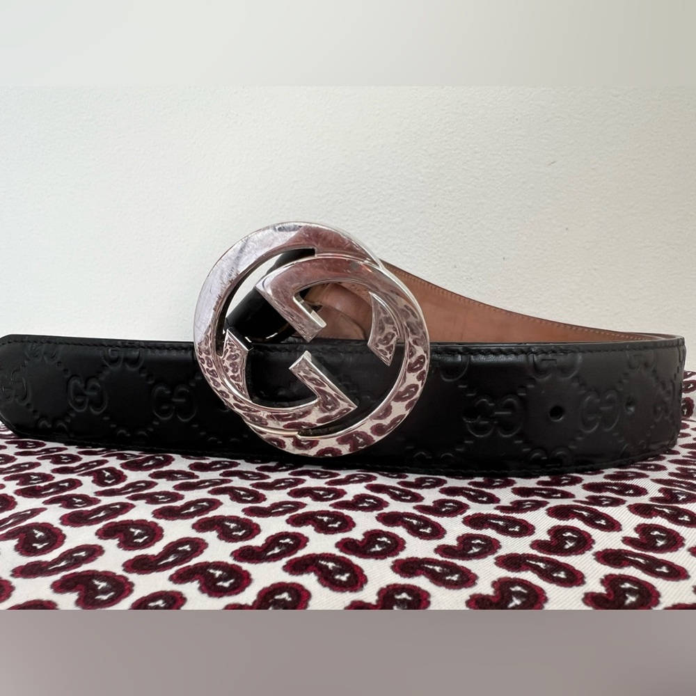 AUTHENTIC GUCCI Black Guccissima Leather Interlocking G Buckle Belt 90CM